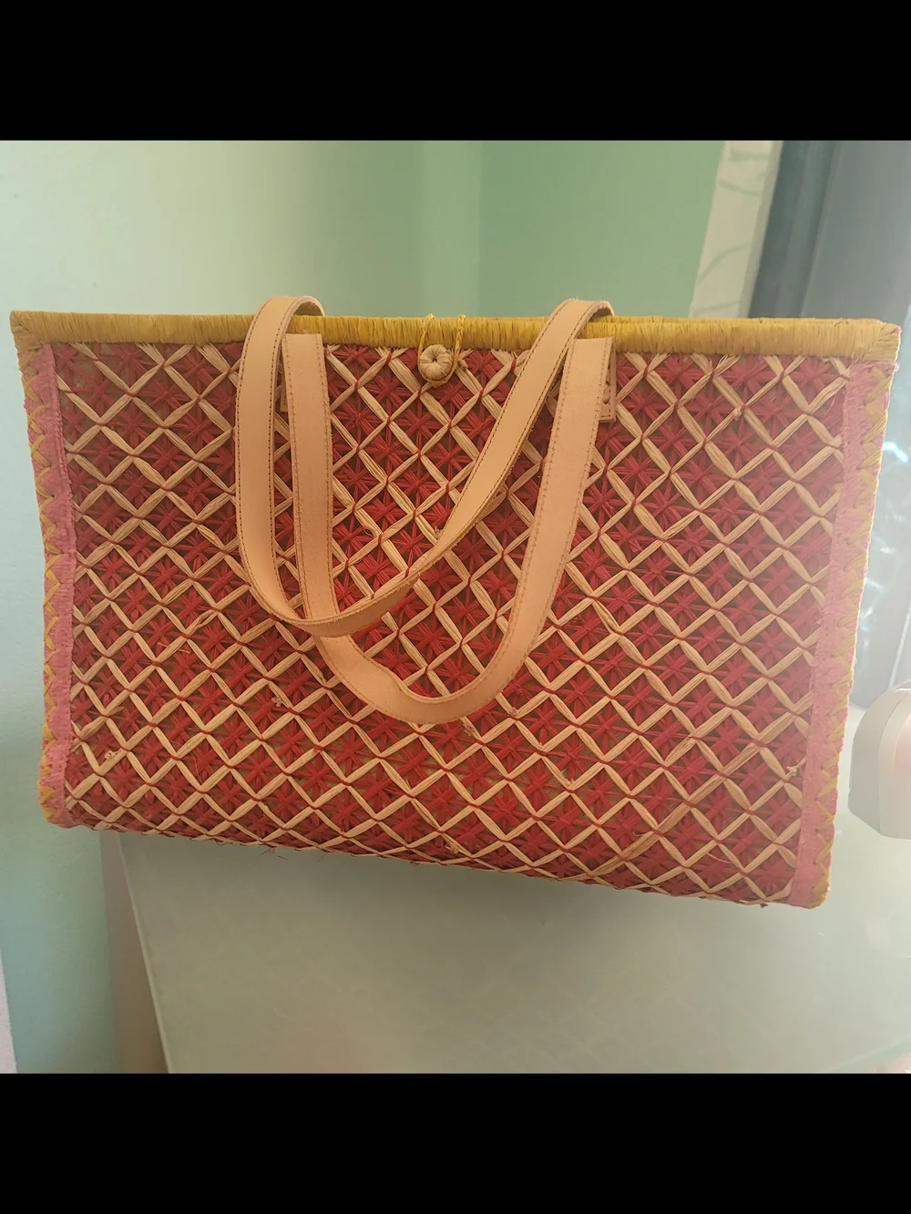 Tommy Bahama Raffia Pink Woven Tote with Yellow Trim and Tan Leather Straps